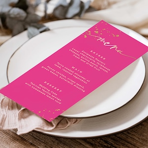 Hot Pink and Gold Editable Menu Template, Printable Wedding Menu, Bridal Shower Lunch Menu, Baby Shower Menu, Brunch Menu, Glitter, Paintly