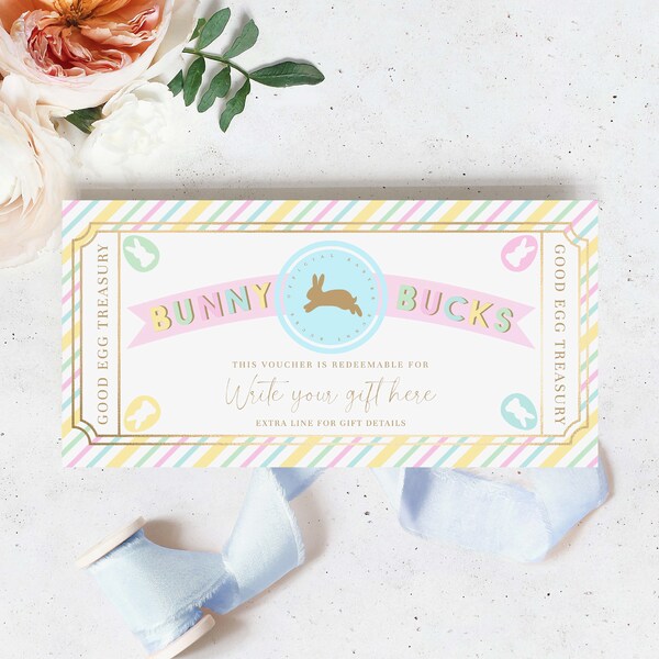 Easter Bunny Bucks Printable Template, Fully Custom Printable Gift Certificate Easter Present, Easter Gift Coupon, Easter Egg Filler, Stripe