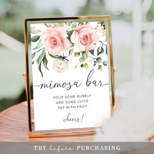 Blush Floral Mimosa Bar Sign, Printable Bridal Shower Mimosa Bar Sign, Greenery Mimosa Bar Sign, Baby Shower Mimosa Bar Sign, Darcy Pink image 4