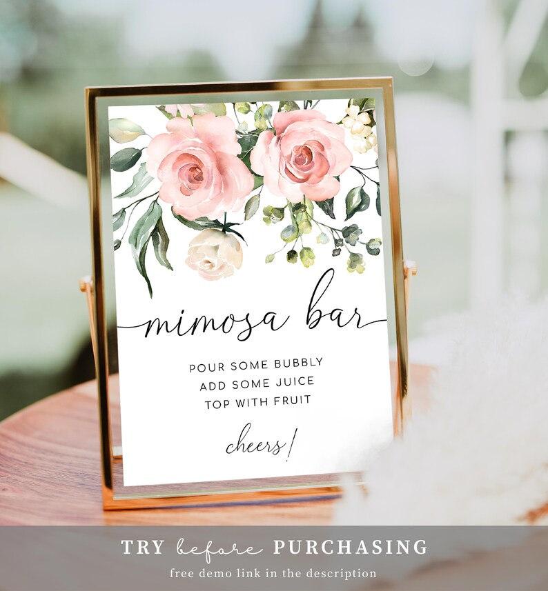 Blush Floral Mimosa Bar Sign, Printable Bridal Shower Mimosa Bar Sign, Greenery Mimosa Bar Sign, Baby Shower Mimosa Bar Sign, Darcy Pink image 4