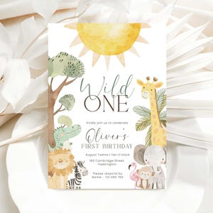 Faire-part à imprimer pour le premier anniversaire, Safari pour 1er anniversaire, Invitation animal du zoo garçon, Invitation anniversaire animaux de la jungle, Nyala