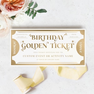 Plantilla de vale de regalo personalizado con boleto dorado de cumpleaños, certificado de regalo de cumpleaños imprimible, cupón de regalo de cumpleaños unisex imprimible, Margo
