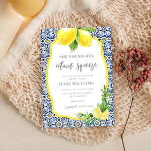 She Found Her Main Squeeze Bridal Shower Printable Invitation Template, Positano Blue Tile Lemons, Hens Party Invitation, Bachelorette Party