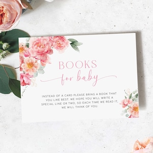 Kaartsjabloon afdrukbare boeken voor baby, blush roze pioenroos bloemen, bijsluitkaart boekverzoek, kaart met uitnodiging babyshower meisje, kaart met details, piper