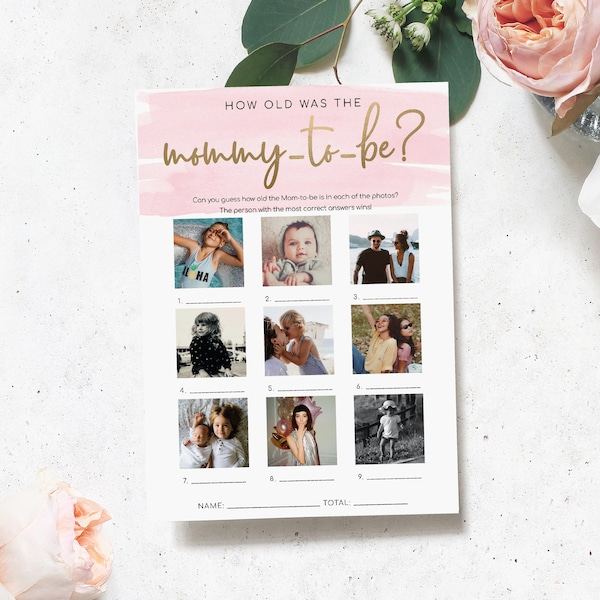 How Old Was The Mommy-To-Be Photo Game Template, Pink Baby Shower Baby Photo Game, Girl Baby Shower Game, Age Guessing, Pink Watercolour