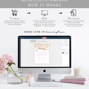 May include: A computer screen displaying a digital invitation template for a birthday brunch. The template features a floral design with pink, yellow, and white flowers. The text on the invitation reads "birthday brunch".