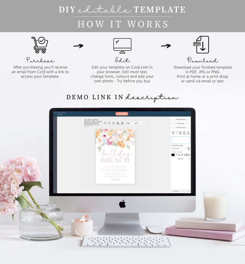 May include: A computer screen displaying a digital invitation template for a birthday brunch. The template features a floral design with pink, yellow, and white flowers. The text on the invitation reads "birthday brunch".