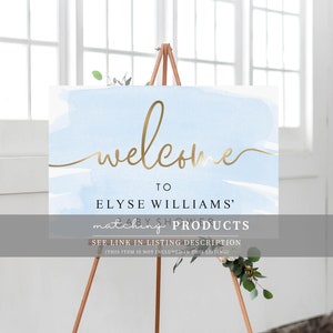 Op de afbeelding: Welkom bij de babyshower van Elyse Williams. Bord met een blauwe aquarel achtergrond en gouden letters. Zie link in de productbeschrijving. (Dit item is niet inbegrepen in deze aanbieding)