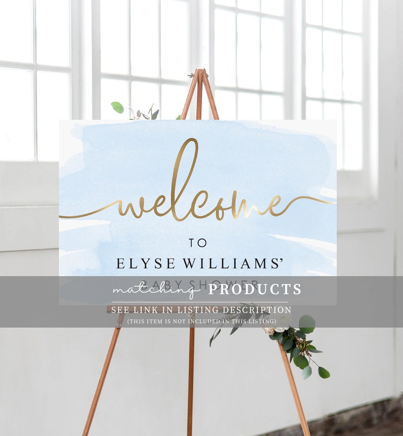 Op de afbeelding: Welkom bij de babyshower van Elyse Williams. Bord met een blauwe aquarel achtergrond en gouden letters. Zie link in de productbeschrijving. (Dit item is niet inbegrepen in deze aanbieding)