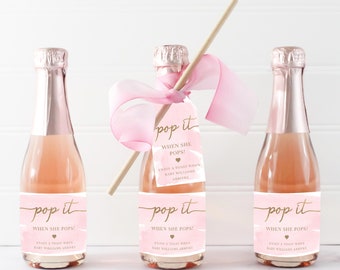 Pop It When She Pops Favor Tag and Bottle Label, Printable Baby Shower Champagne Pop It Favor Tag, Pink Watercolor Mini Wine Bottle Label