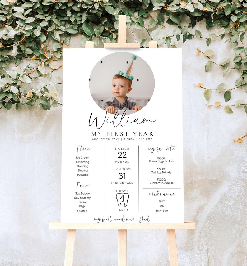 Minimalist Photo First Birthday Milestone Board, Baby's First Year Milestone Poster, 1st Birthday 12 Months Milestone Photo Banner Sign