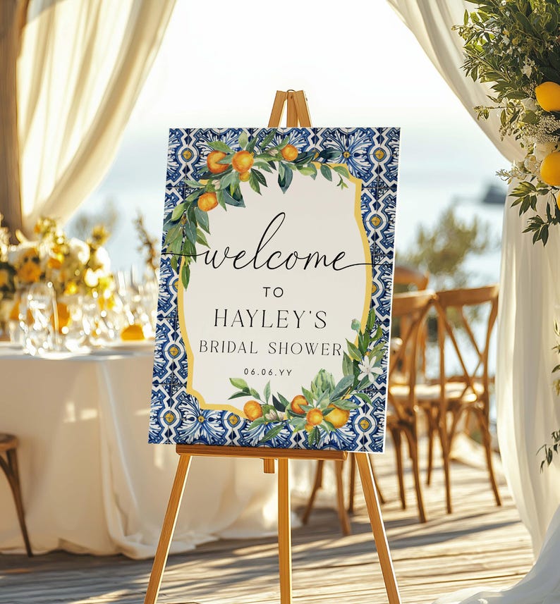 Printable Welcome Sign Template, Positano Blue Tile, Italian Oranges ...