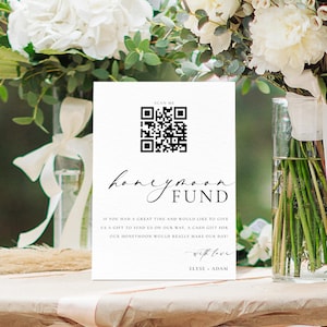 Placa de casamento com código QR do fundo de lua de mel para impressão, placa de casamento minimalista com código QR Venmo, poço dos desejos de casamento digital, Ellesmere