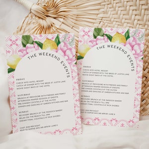 Puede incluir: Una tarjeta ilustrada rosa y blanca con un diseño de limón y flores. La tarjeta enumera los eventos del fin de semana para una boda, incluyendo un registro el viernes, un brunch el sábado y un brunch de recuperación el domingo. El texto dice "The Weekend Events".