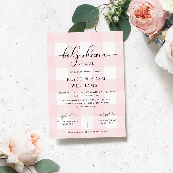 Baby Shower By Mail Invitation, Pink Gingham Check, Printable Long Distance Girl Baby Shower Invite, From Afar Couples Baby Shower Invite