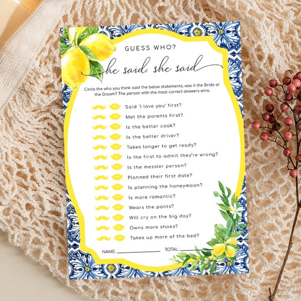 Guess Who? He Said, She Said Bridal Shower Printable Game, Positano Blue Tile, Italian Lemons Hens Party, Lemon Bridal Shower, Who Said It