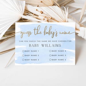 Errate den Namen des Babys Spiel Vorlage, Blaues Aquarell Errate den Namen des Babys Karte, printable Boy Baby Shower Game Sign
