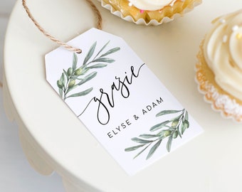 Olive Branch Grazie Favor Tag Template - Bridal Shower Thank You Favour Tag - Greenery Favor Tag Template - Italian Wedding - Olive Grove