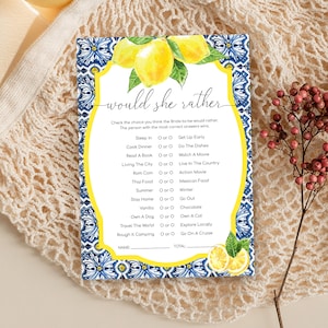 Would She Rather Bridal Shower Game, Positano Blue Tile Lemons Hen&#39;s Party Game, Printable Who Knows The Bride Best Game