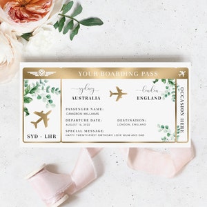 Modèle modifiable de carte d'embarquement - Imprimable feuille d'or de faux billet d'avion surprise - cadeau billet d'avion pour les vacances - Ferras Greenery