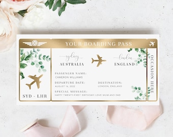 Editable Boarding Pass Template, Printable Surprise Fake Airline Ticket Gold Foil, Vacation Aeroplane Ticket Gift, Ferras Greenery