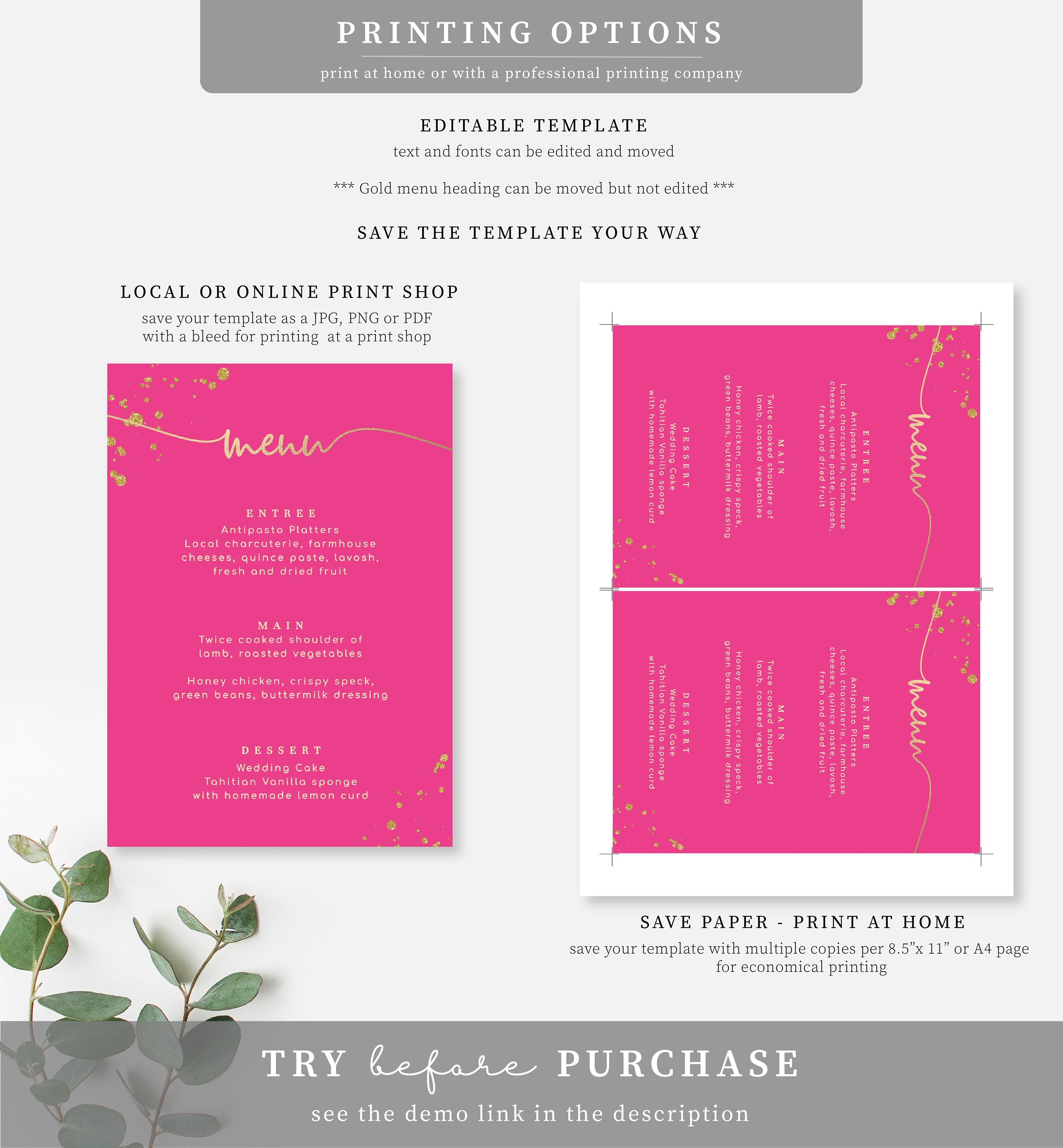 Hot Pink and Gold Editable Menu Template Printable Wedding Etsy Australia