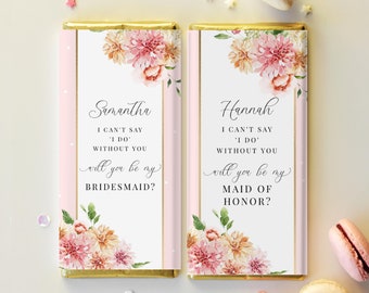 Bridesmaid Proposal Chocolate Wrapper Label, Will You Be My Bridesmaid Proposal Candy Bar Label Printable Template, Quinn Pink Floral