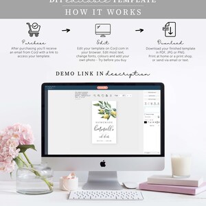 May include: A computer screen displaying a digital template for a homemade limoncello label. The label features a watercolor illustration of lemons and leaves with the text "HOMEMADE limoncello with thanks ELYSE & ADAM".