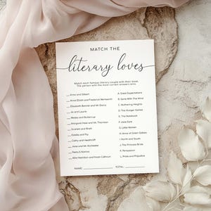 Literary Loves Game, Modern Minimalist Bridal Shower Book Characters Game, Famous Historical Couples Game, Literary Couples Quiz, Quinn