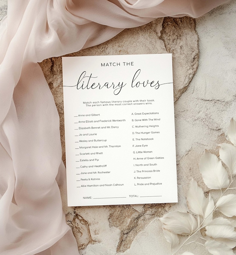 Literary Loves Game, Modern Minimalist Bridal Shower Book Characters Game, Famous Historical Couples Game, Literary Couples Quiz, Quinn