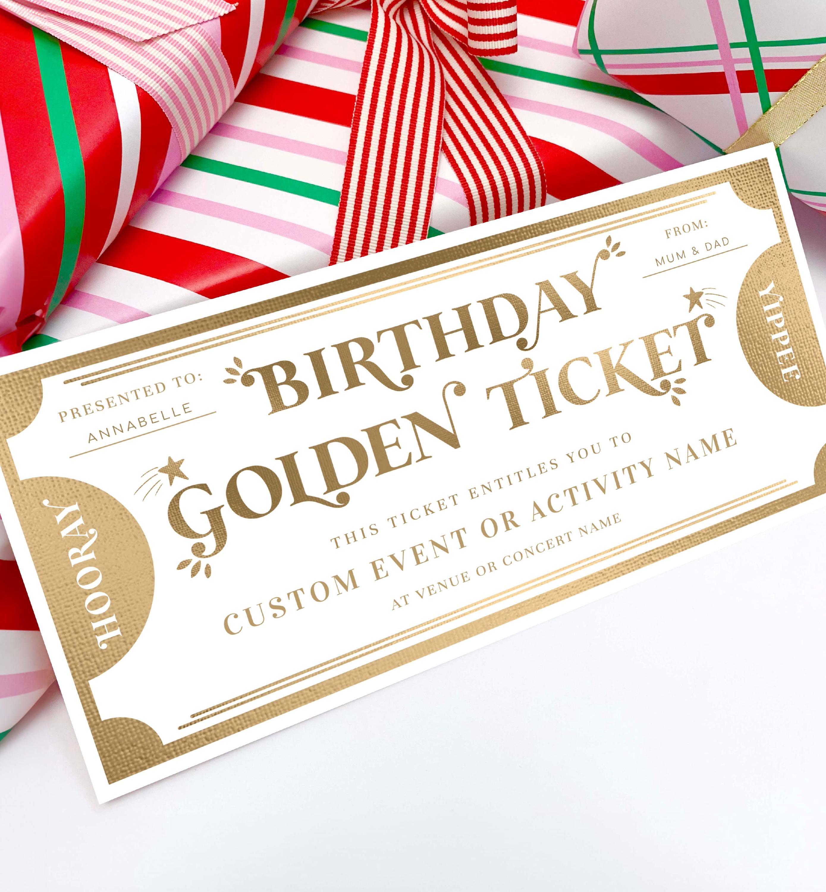 Printable Birthday Golden Ticket Custom Gift Voucher Template, Birthday Gift Certificate, Unisex Birthday Printable Present Coupon, Margo