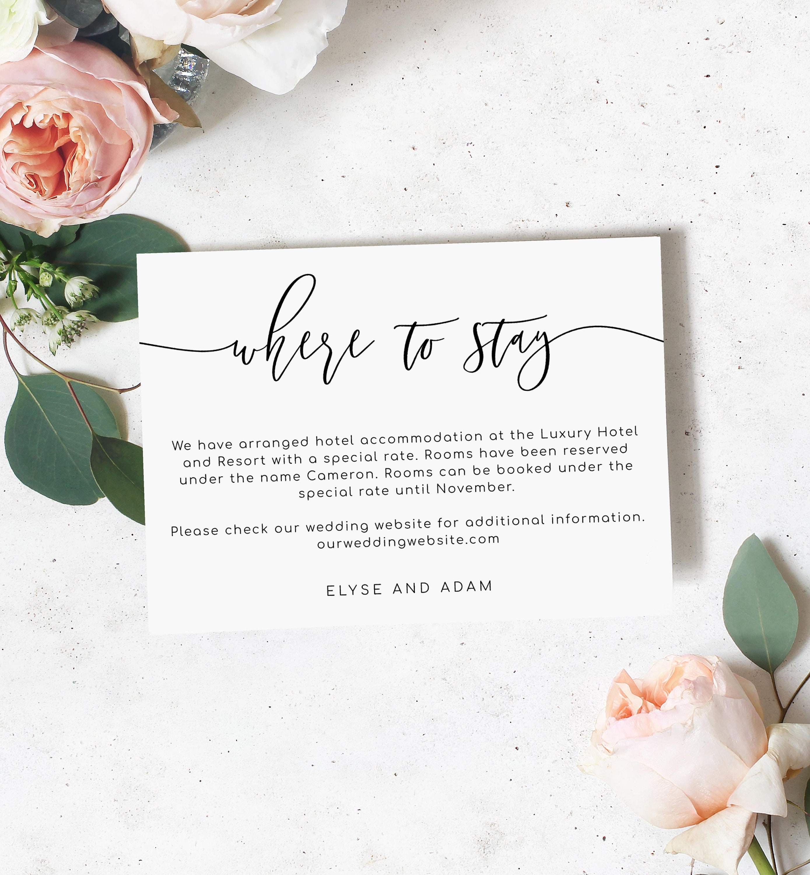 Printable Wedding Accommodations Card - Minimalist Wedding Details Card  Template - Printable Enclosure Card - Lucas Script