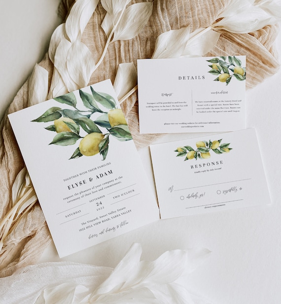 Printable Wedding Invitation Suite, Detail and RSVP Postcard,  Italian Lemons Editable Wedding Invitation Set, Italian Amalfi Lemons, Tuscan