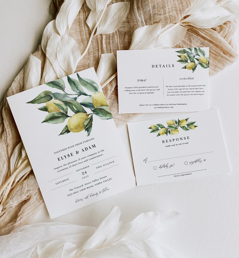 Printable Wedding Invitation Suite, Detail and RSVP Postcard,  Italian Lemons Editable Wedding Invitation Set, Italian Amalfi Lemons, Tuscan