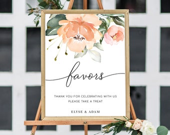 Printable Favors Sign - Editable Peach Floral Wedding Favours Sign - Bridal Shower Favors Sign - Darcy Floral