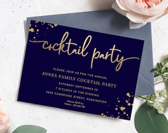 Navy Gold Cocktail Party Invitation, Printable Editable Unisex Birthday Cocktail Party Invitation, Male Invitation, Gold Glitter, Paintly