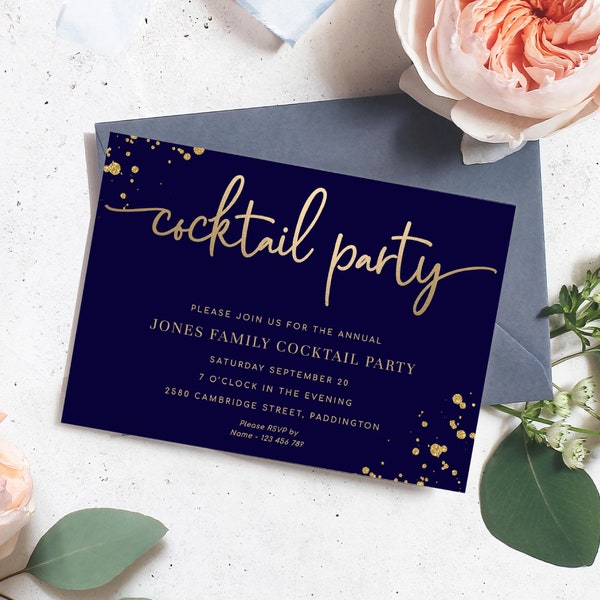 Navy Gold Cocktail Party Invitation, Printable Editable Unisex Birthday Cocktail Party Invitation, Male Invitation, Gold Glitter, Paintly