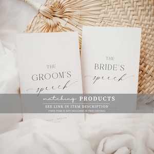 May include: Two white rectangular cards with black text. The left card reads THE GROOM'S speech, and the right card reads THE BRIDE'S speech. Both cards feature a mix of serif and script fonts, positioned against a light, textured background.