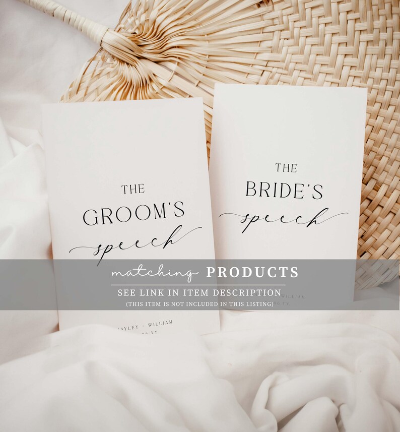 May include: Two white rectangular cards with black text. The left card reads THE GROOM'S speech, and the right card reads THE BRIDE'S speech. Both cards feature a mix of serif and script fonts, positioned against a light, textured background.