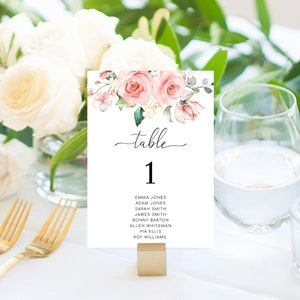 Numéros de table imprimables avec noms d'invités, modèle de numéro de table modifiable pour mariage floral rose poudré, plans de table, cartes florales Darcy