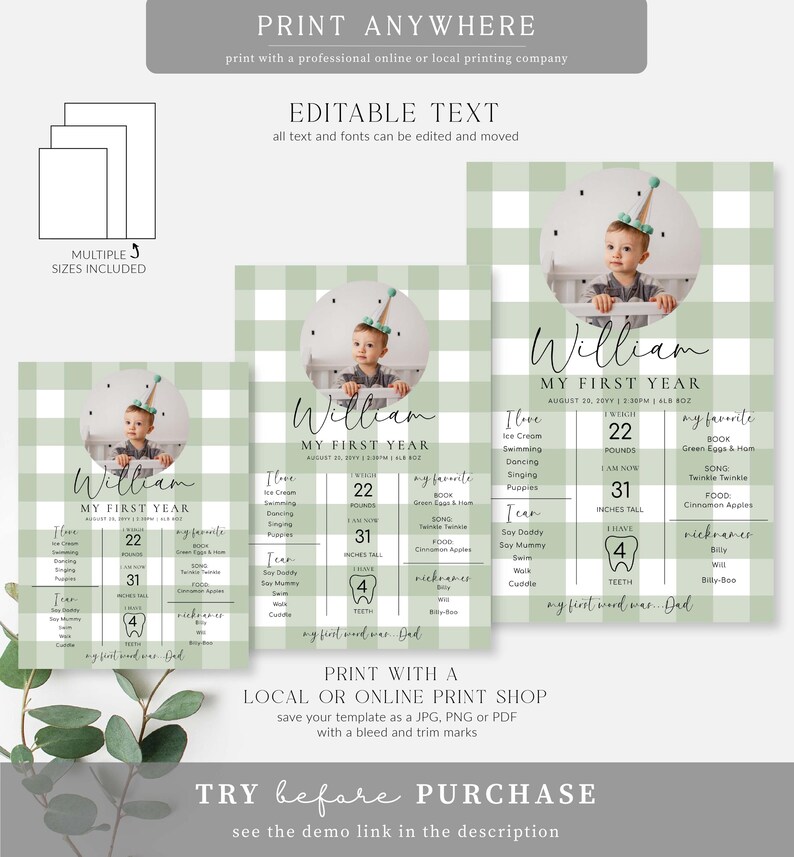 Sage Green Gingham First Birthday Milestone Board (printable) - Etsy