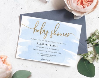 Blue Baby Shower Invitation Template, Printable Boy Baby Shower Invite, Modern Simple Baby Shower Evite, Blue Watercolour