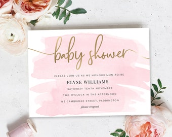 Baby Shower Invitation - Gold Foil - Pink Watercolor - Printable Editable Invitation - Instant Download -  DIY Baby Shower Invite