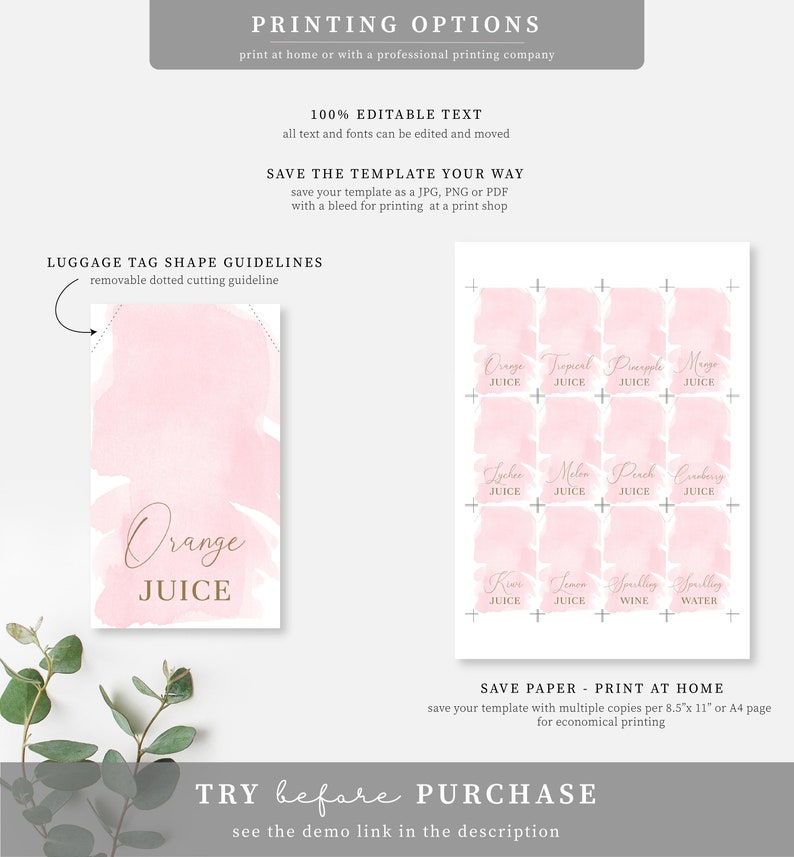 Juice Tags Pink Watercolour Printable Mimosa Bar Juice Tags | Etsy