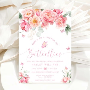 Faire-part de douche nuptiale vie de papillons, invitation de douche nuptiale florale pivoine rose blush, douche nuptiale papillon Evite, joueur de flûte