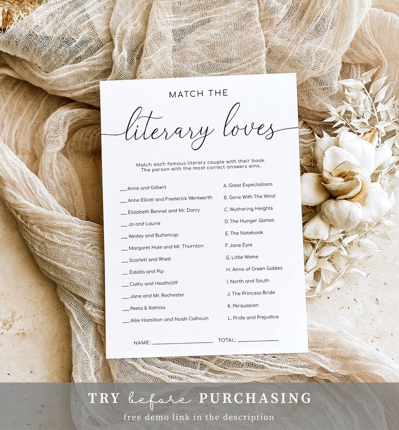 Literary Loves Game, Modern Minimalist Bridal Shower Book Characters Game, Famous Historical Couples Game, Literary Couples Quiz, Quinn