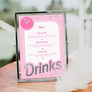 Editable Drinks Menu Sign, Cocktail Menu, Birthday Party Beverage Menu, Pink Silver Foil Hens Party Drinks Menu, Food Menu, Doll Party Menu