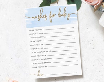 Blue Watercolor Wishes For Baby Game, Editable Baby Shower Keepsake (Digital Download)