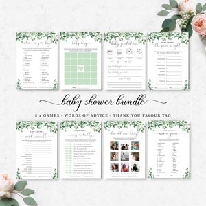 Greenery Printable Baby Shower Games Bundle, Eucalyptus Greenery Gender Neutral Baby Shower Games Bundle, Greenery Baby Shower, Everly