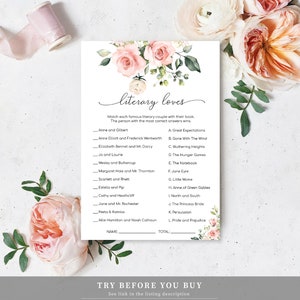 Printable Literary Loves Game, Bridal Shower Game, Famous Book ...